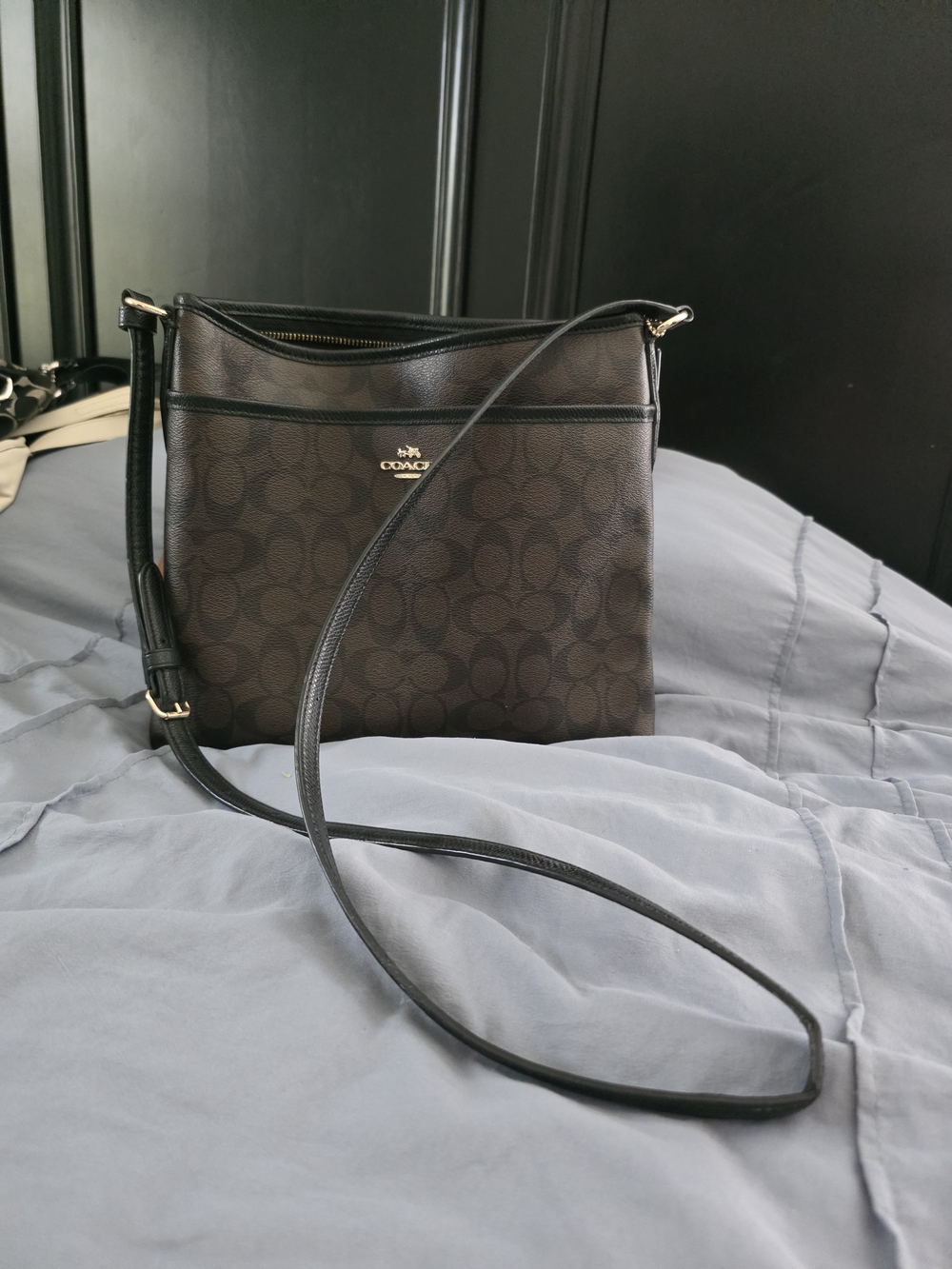 Coach Dark Brown Signature Crossbody Bag with Black Trim